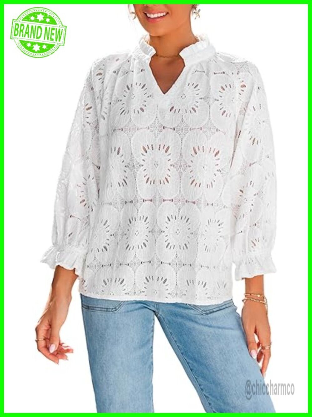 Eyelet Lace Blouse Top V Neck 3/4 Sleeve Boho Work Dressy Shirt